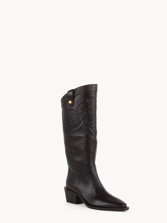 elegant santiag high boots brown chocolate embossed leather skorpios