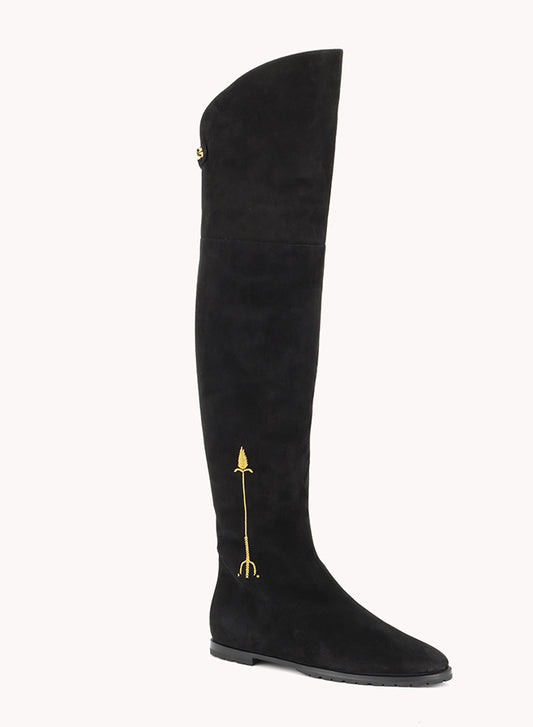 black suede over the knee flat boots with embroidered gold arrow skorpios