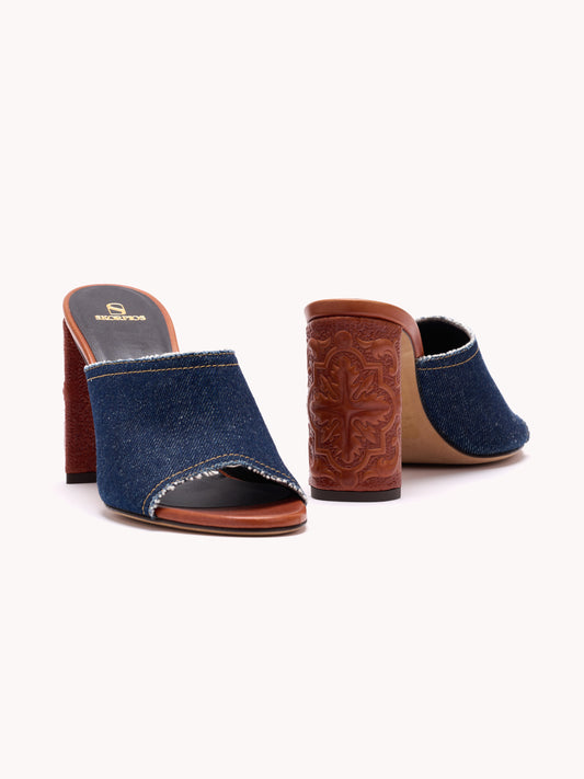 high-heel mules indigo denim and embossed cognac leather skorpios