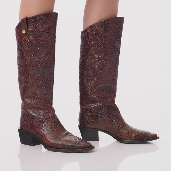 Casual elegant western boots with floral leather in brown by adriana abascal Emanuele filiberto