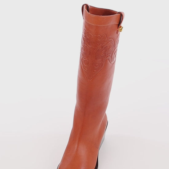 Elegant Chestnut brown nappa embossed leather western boots Maison Skorpios by Adriana Abascal Emanuele filiberto