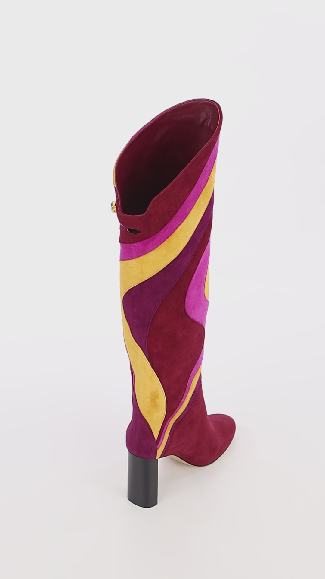 Stivali Aurora in Pelle scamosciata Bordeaux con Tacco Alto e Patchwork