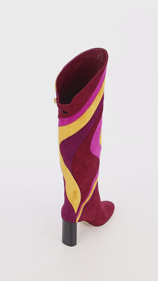 Stivali Aurora in Pelle scamosciata Bordeaux con Tacco Alto e Patchwork