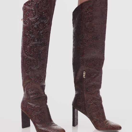 Designer boots in brown floral leather maison skorpios by adriana abascal Emanuele filiberto

