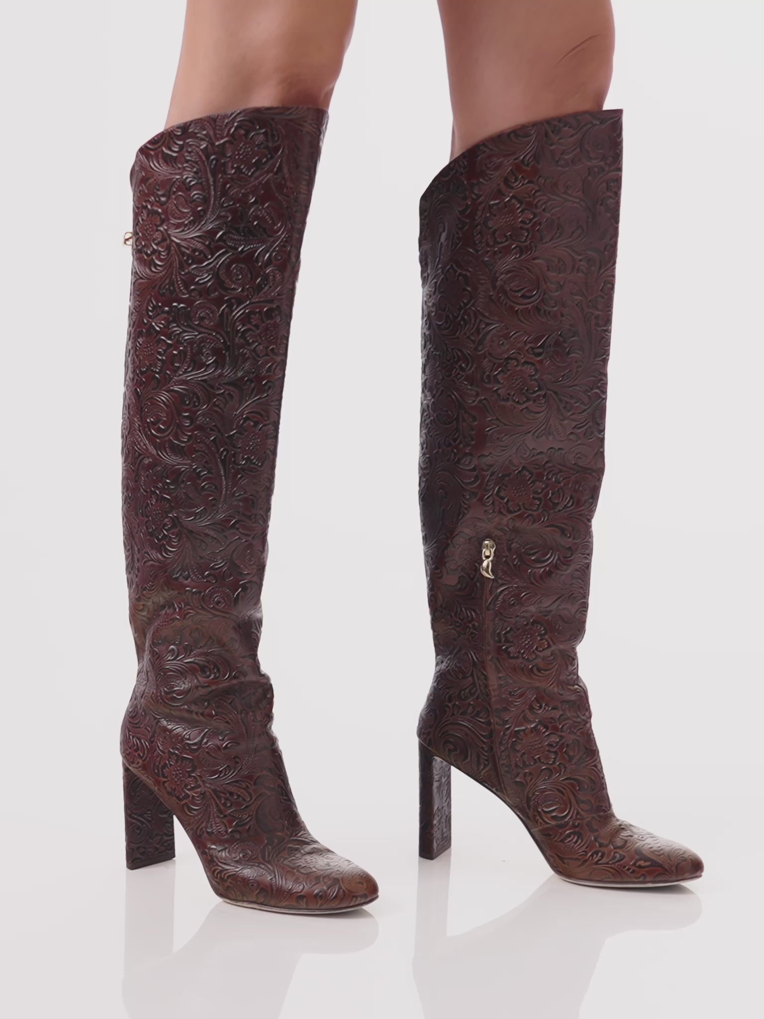 Designer boots in brown floral leather maison skorpios by adriana abascal Emanuele filiberto
