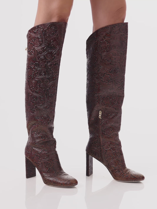 Designer boots in brown floral leather maison skorpios by adriana abascal Emanuele filiberto

