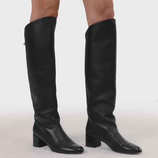 minimalist elegant mid heel boots in black nappa leather maison skorpios by adriana abascal emanuele filiberto