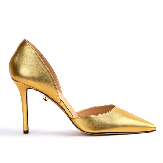 luxury gold nappa leather pumps with stiletto heel maison skorpios by Adriana Abascal Emanuele filiberto