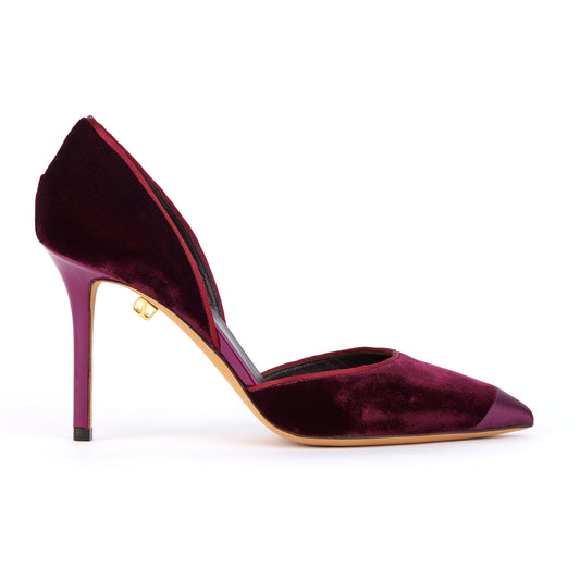 Stiletto Nieves con tacco alto in velluto bordeaux - Maison Skorpios di Adriana Abascal