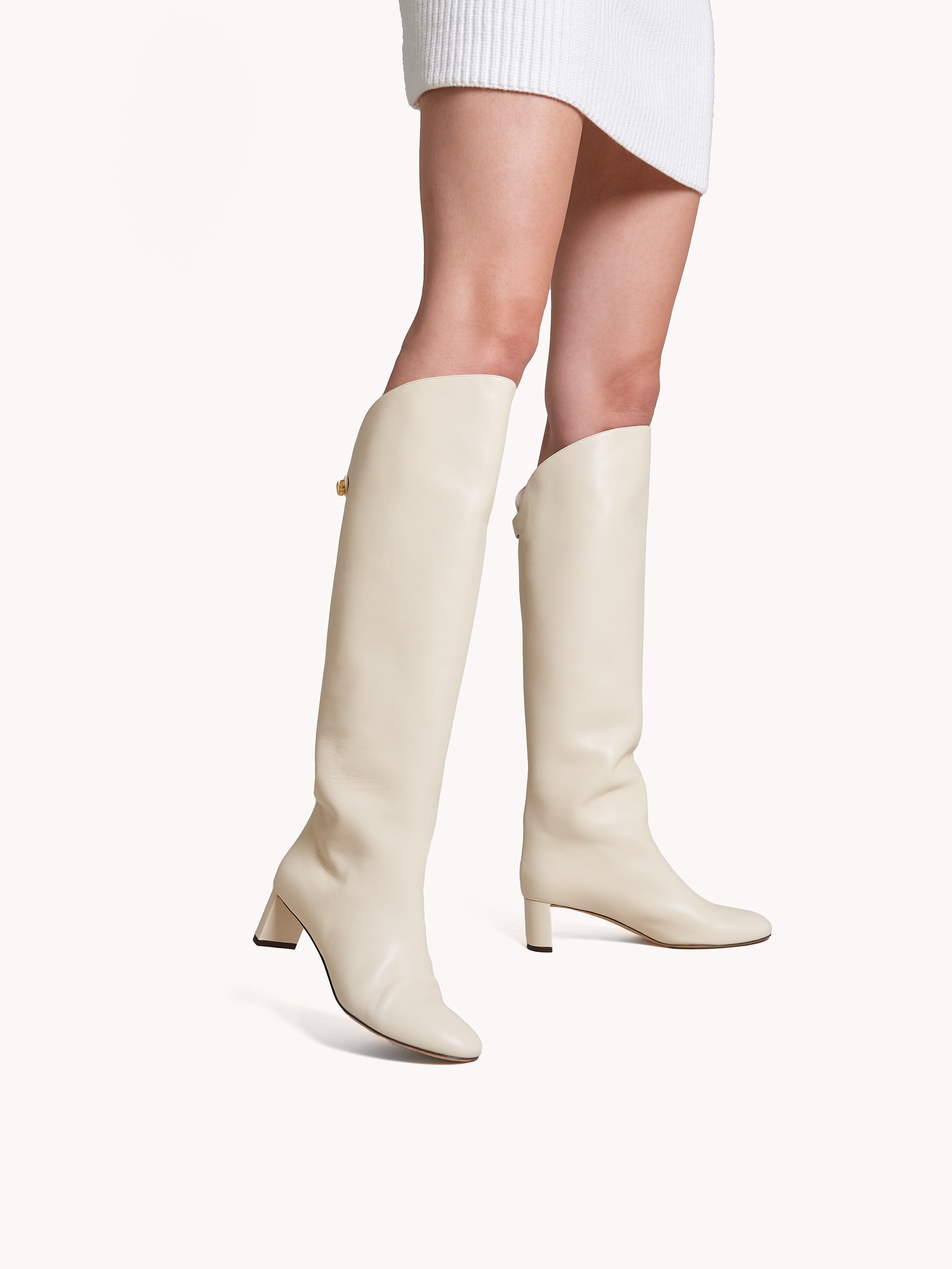 Adry Mid-heel Nappa Cream Leather Boots