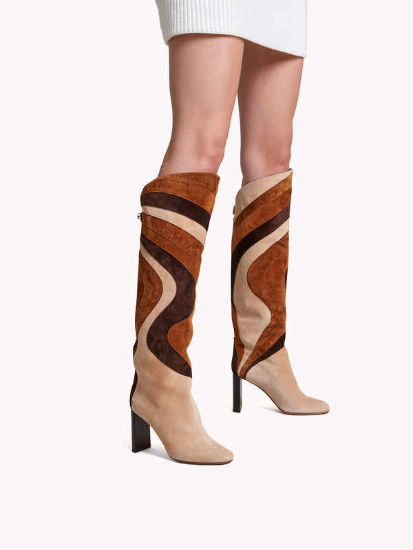 Aurora High-heel Suede Multi Wood Patchwork Boots