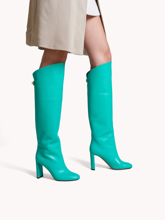 Bottes Adriana à talons en cuir d'agneau turquoise
