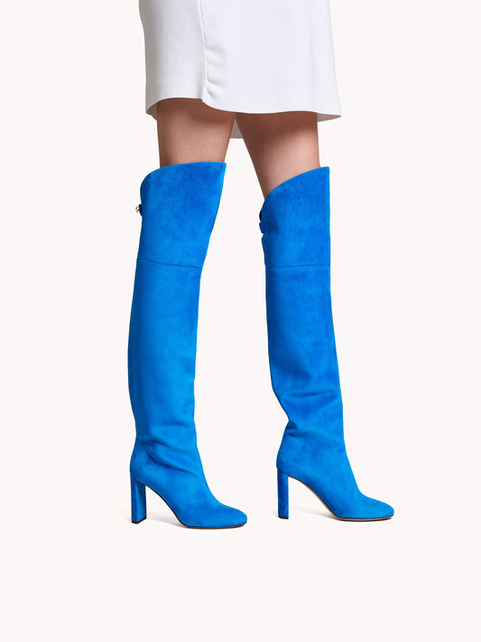 royal blue suede thigh high boots with high heels maison skorpios by adriana abascal Emanuele filiberto
