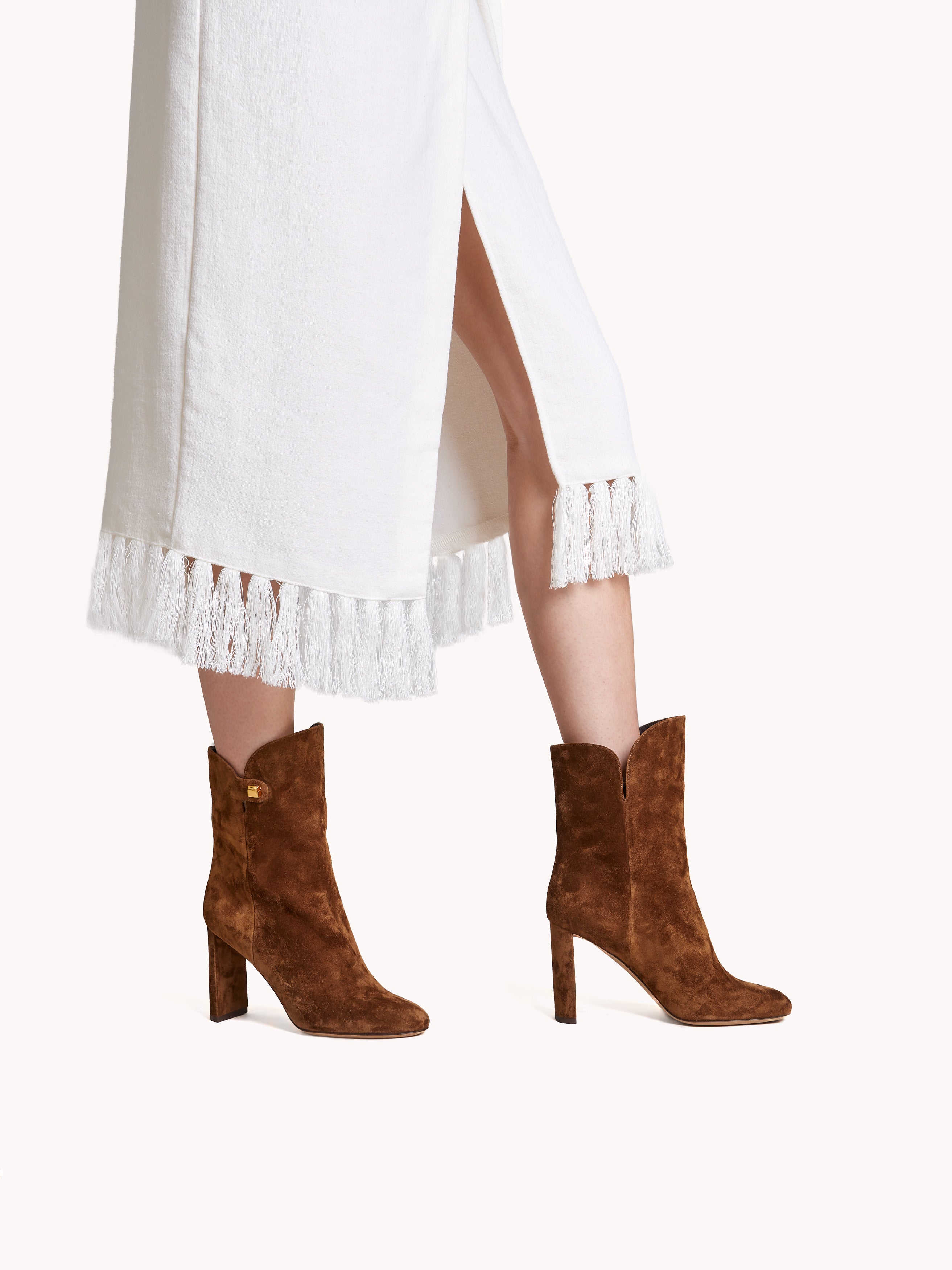 high heel brown suede ankle boots made with luxurious materials in Italy maison skorpios by adriana abascal emanuele filiberto di Savoia