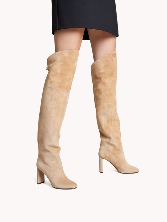Marylin over-the-knee high-heel beige suede boots - Maison Skorpios by Adriana Abascal