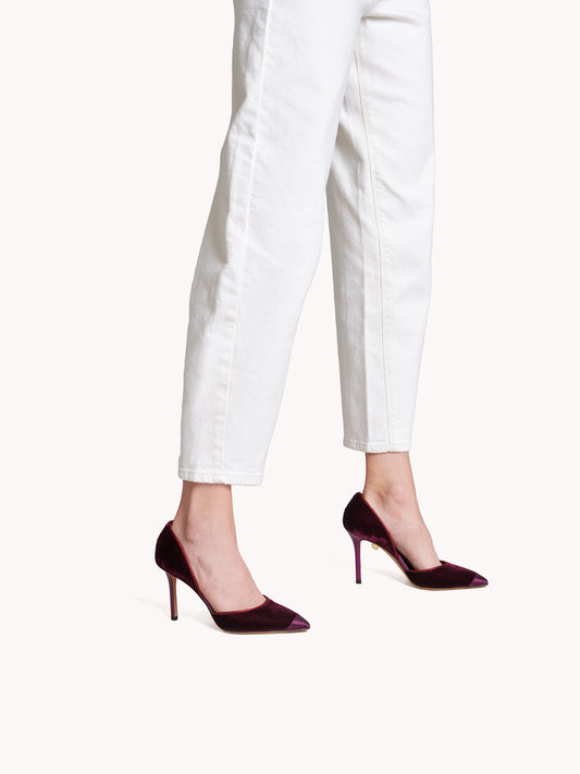 Stiletto Nieves con tacco alto in velluto bordeaux - Maison Skorpios di Adriana Abascal
