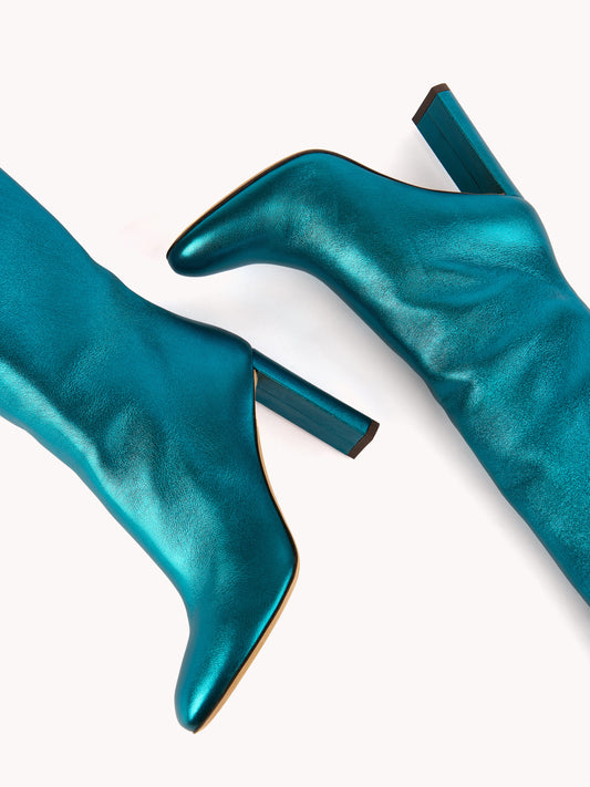 Bottes Adriana à talons  en cuir nappa métallisé turquoise