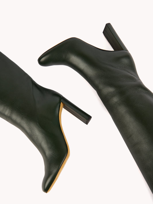 Stivali Adriana in Pelle Nappa Verde Bottiglia con Tacco Alto 