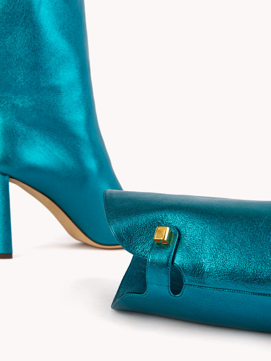 Bottes Adriana à talons  en cuir nappa métallisé turquoise