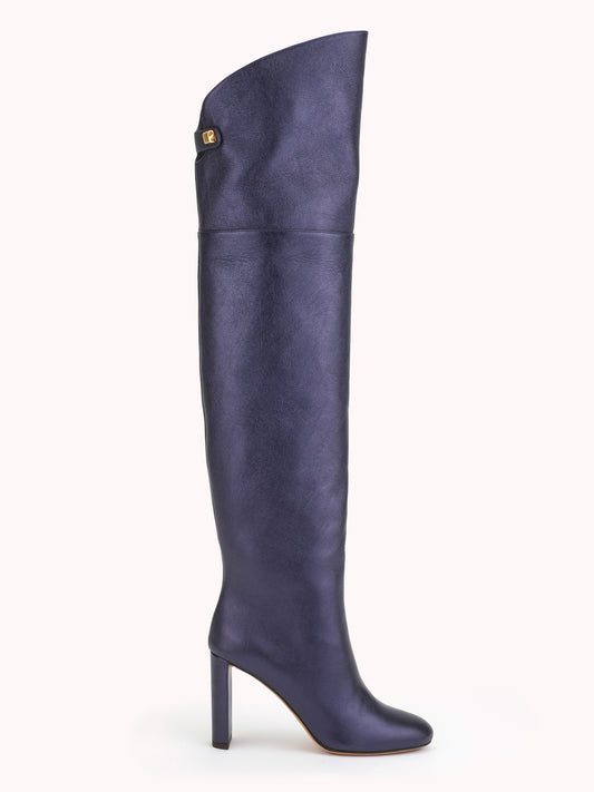 Luxury high-heel over the knee boots metallic dark navy nappa leather skorpios