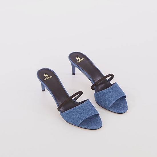 sophisticated blue denim mules mid height stiletto heels skorpios