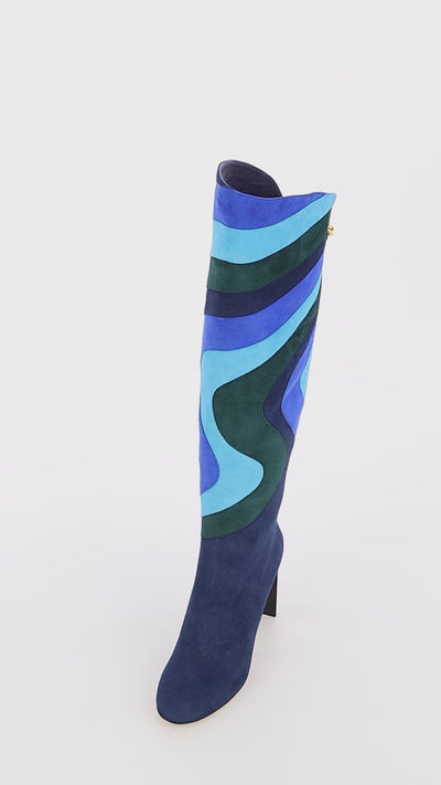 Original elegant blue patchwork suede boots maison skorpios by adriana abascal Filiberto de Saboya