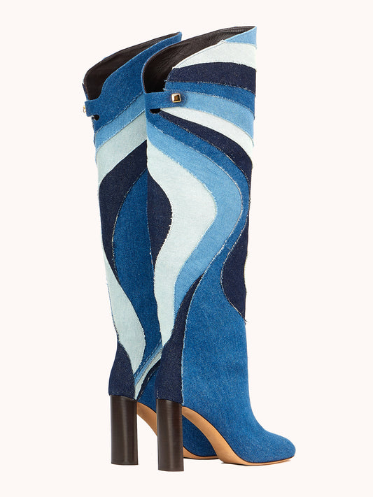 original and elegant denim patchwork high-heel boots skorpios
