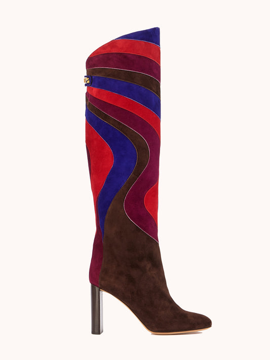 knee high multi-colored patchwork boots for women skorpios