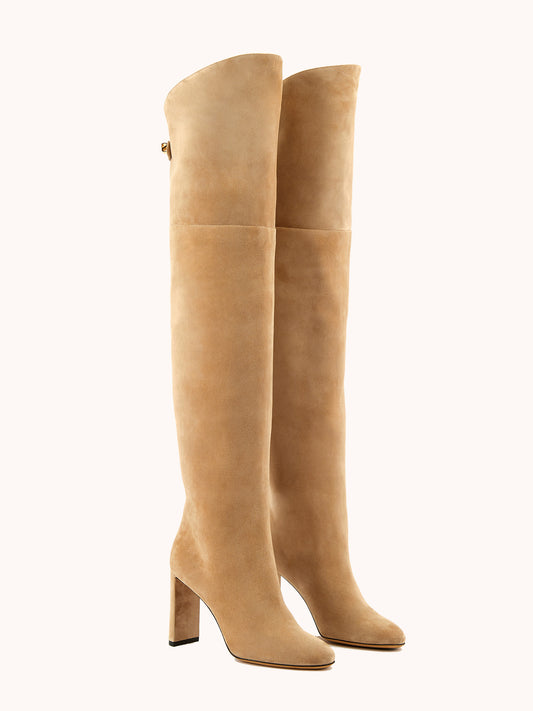 Marylin over-the-knee high-heel beige suede boots - Maison Skorpios by Adriana Abascal