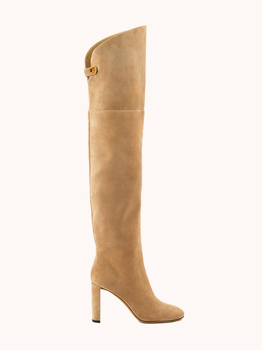 Marylin over-the-knee high-heel beige suede boots - Maison Skorpios by Adriana Abascal