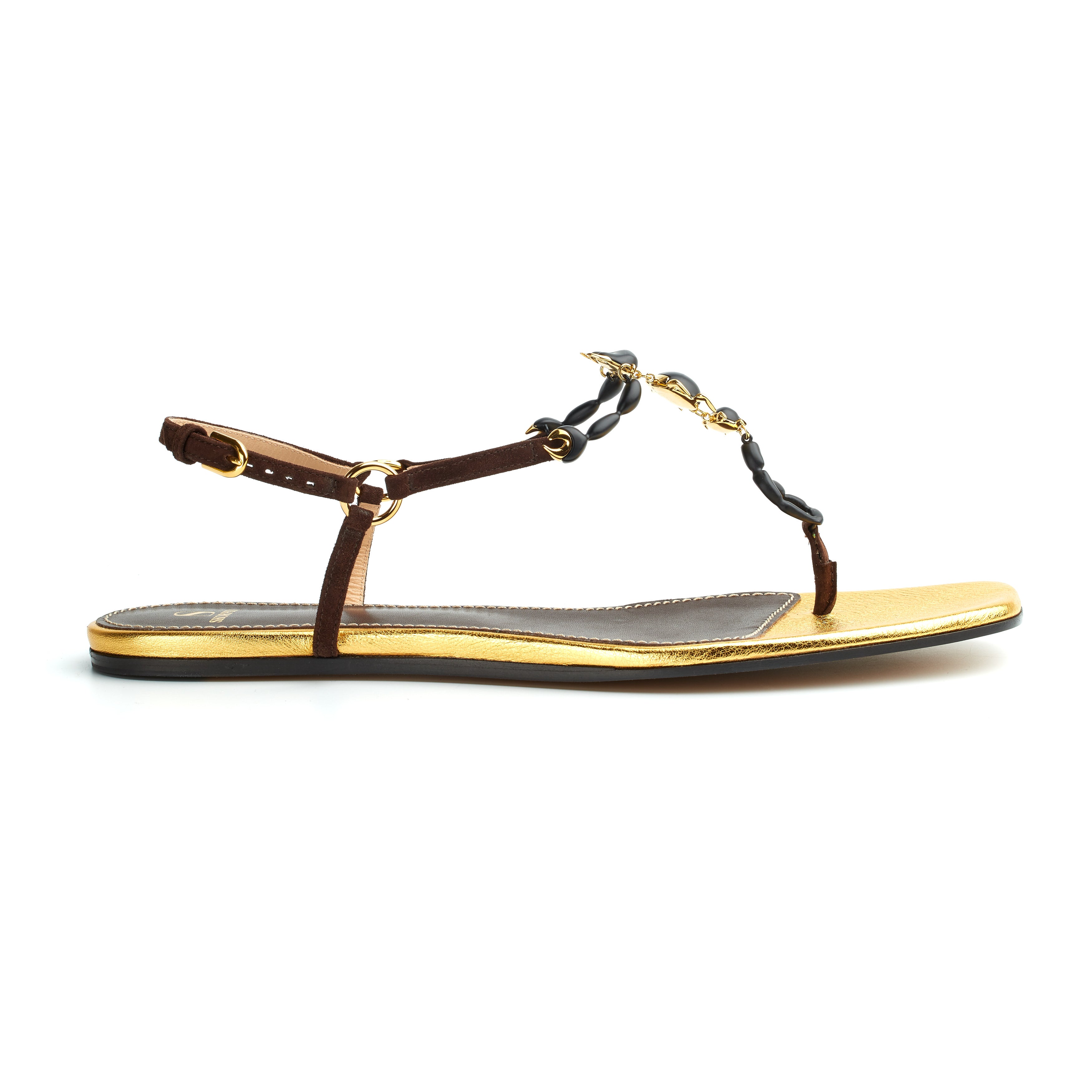 luxurious black suede and gold leather flat sandals maison skorpios by adriana abascal emanuele filiberto di Savoia 